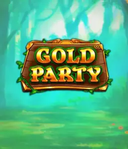 Изображение слота Gold Party от Pragmatic Play, демонстрирующий радостный и красочный мир ирландской тематики с золотыми монетами, лепреконами и радугой. На переднем плане виден игровой экран с 5 барабанами и 3 рядами, окруженный ирландским пейзажем и горшками золота, формирующими атмосферу праздника и волшебства.
